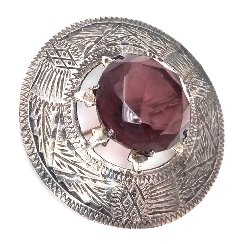 175 - Large Vintage SILVER BROOCH with Giant AMETHYST Coloured Gemstone to Centre. Beautifully Faceted . F... 