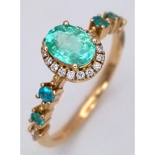 177 - An 18K Yellow Gold Green Gemstone Ring with Diamond and Topaz accents. Size P. 3.1g total weight. Re... 