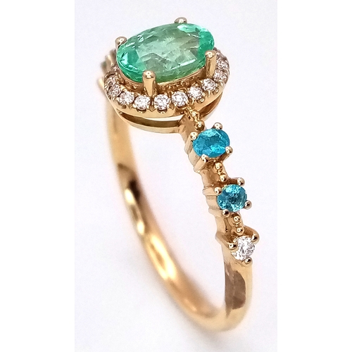 177 - An 18K Yellow Gold Green Gemstone Ring with Diamond and Topaz accents. Size P. 3.1g total weight. Re... 