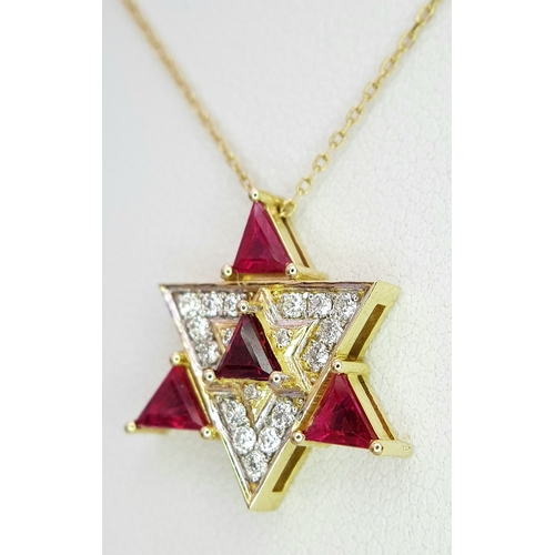 184 - A 14K Gold Ruby and Diamond Fancy Star of David Pendant on a 14K Gold Necklace. 0.51ctw of diamonds.... 