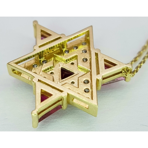 184 - A 14K Gold Ruby and Diamond Fancy Star of David Pendant on a 14K Gold Necklace. 0.51ctw of diamonds.... 