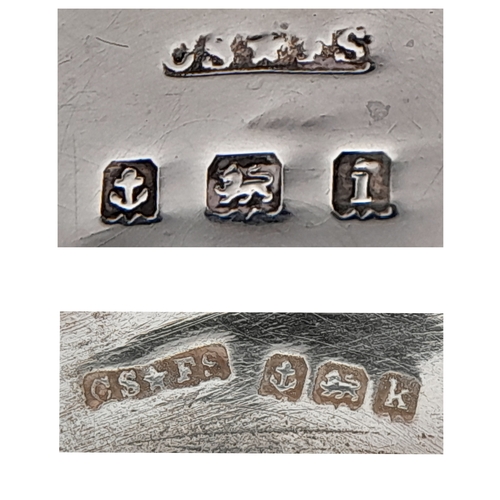 201 - AN ANTIQUE SILVER CONDIMENT SET DATED 1911 COMPRISING OF 2 SILVER SALTS WITH SPOONS AND GLASS LINERS... 