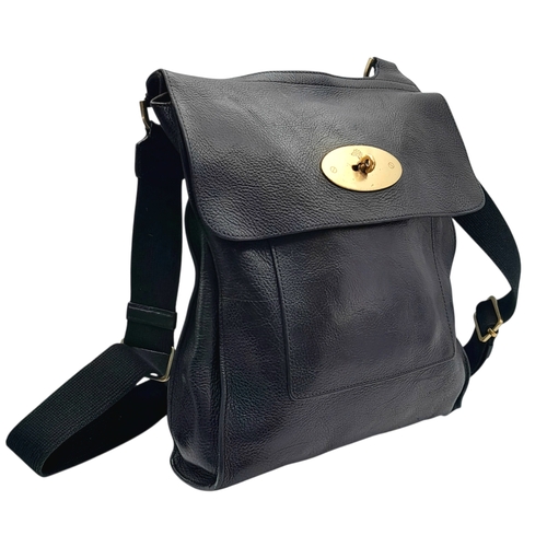 387 - A Mulberry Antony Black Leather Messenger Bag. Grained leather exterior with brass-toned hardware, a... 