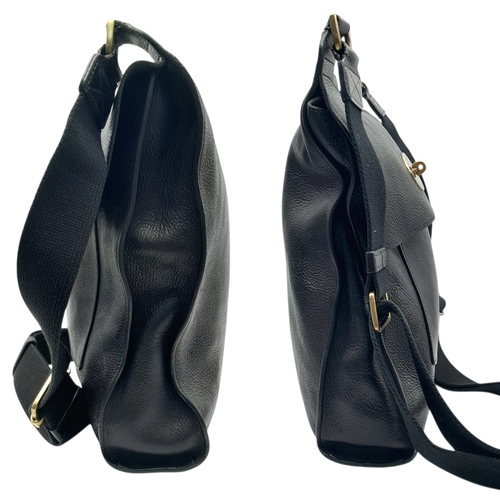 387 - A Mulberry Antony Black Leather Messenger Bag. Grained leather exterior with brass-toned hardware, a... 