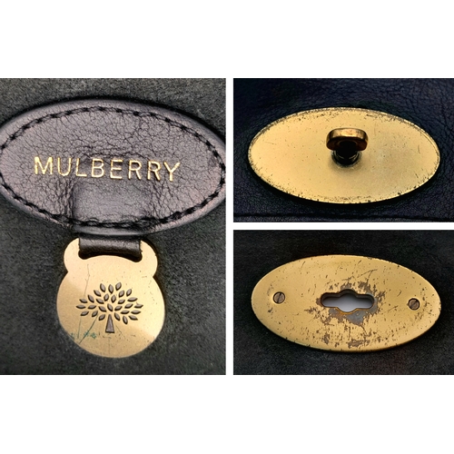 387 - A Mulberry Antony Black Leather Messenger Bag. Grained leather exterior with brass-toned hardware, a... 