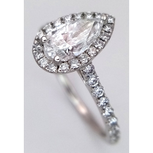 191 - A Platinum and Lab Diamond Dress Ring. 1ct pear brilliant cut diamond having D colour with VS2 clari... 
