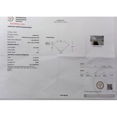 191 - A Platinum and Lab Diamond Dress Ring. 1ct pear brilliant cut diamond having D colour with VS2 clari... 