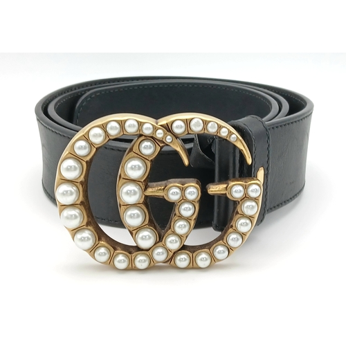 373 - A Gucci Black Leather Pearl Embellished Double G Buckle Belt. Size 80.32. Approx 94.5cm in length. T... 