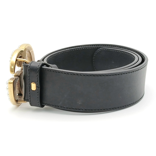 373 - A Gucci Black Leather Pearl Embellished Double G Buckle Belt. Size 80.32. Approx 94.5cm in length. T... 