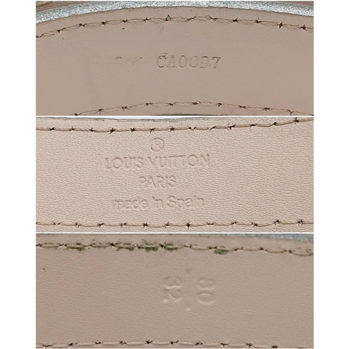 380 - A Louis Vuitton Silver Cursive Script Belt, featuring a metallic monogram buckle. Approximately 93.5... 