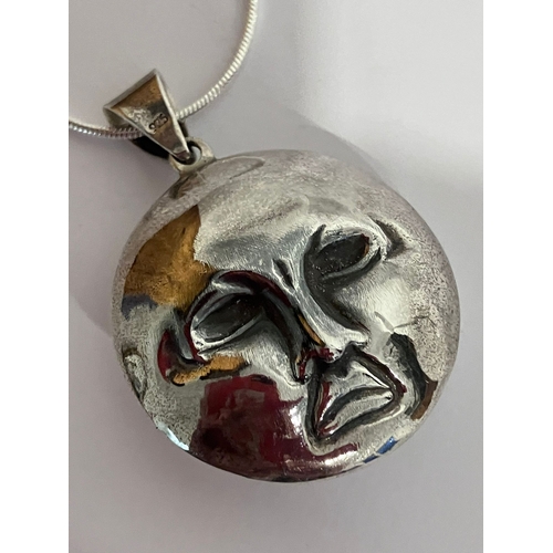 364 - Interesting SILVER ‘MOON’ FACE PENDANT with SILVER NECKLACE. Having Happy and Sad Faces. Pendant x 3... 