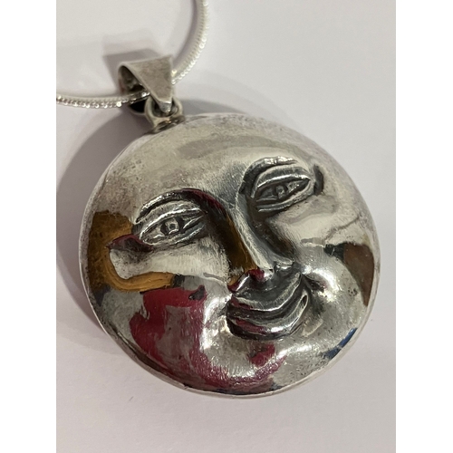 364 - Interesting SILVER ‘MOON’ FACE PENDANT with SILVER NECKLACE. Having Happy and Sad Faces. Pendant x 3... 