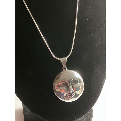 364 - Interesting SILVER ‘MOON’ FACE PENDANT with SILVER NECKLACE. Having Happy and Sad Faces. Pendant x 3... 