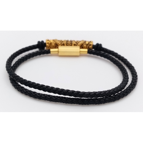 179 - A Lao Miao 24K Gold nugget charm Braided Bracelet. Black braided cord with 24K gold decorative barre... 