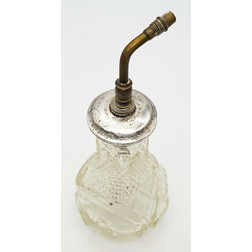 411 - A Vintage Possibly Antique Cut Glass Perfume Atomiser - With Sterling Silver Collar and top. Brass m... 