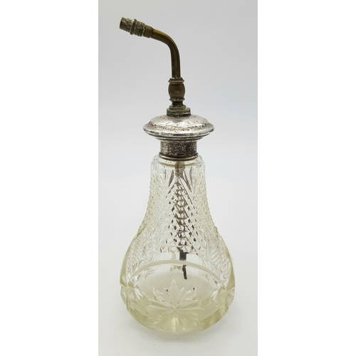 411 - A Vintage Possibly Antique Cut Glass Perfume Atomiser - With Sterling Silver Collar and top. Brass m... 