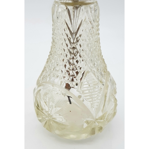 411 - A Vintage Possibly Antique Cut Glass Perfume Atomiser - With Sterling Silver Collar and top. Brass m... 