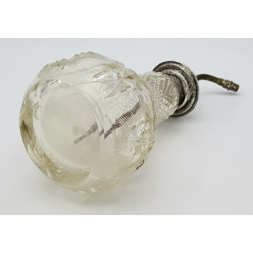 411 - A Vintage Possibly Antique Cut Glass Perfume Atomiser - With Sterling Silver Collar and top. Brass m... 