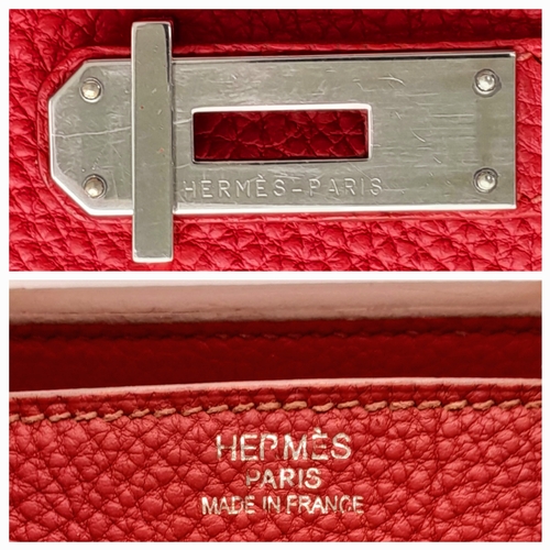 60 - A Red Hermès Birkin 35 Handbag. Red leather exterior with silver-toned hardware, dual rolled leather... 