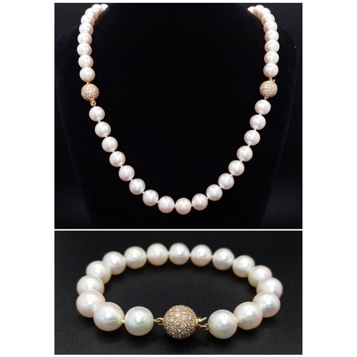 A Supreme W.G.I. Certified 18K Yellow Gold, Diamond and Akoya Pearl Necklace. Seventy eight round Akoya pearls of 385ctw with 276 diamonds set in 18k gold. Brilliantly constructed with three clasps that enable the piece to be length adjusted and create a bracelet. Diamonds are G-H colour with VS1-VS2 clarity. Pearls are 9.5-10mm. 108.3g total weight. 80cm total length. 18cm bracelet length if needed.