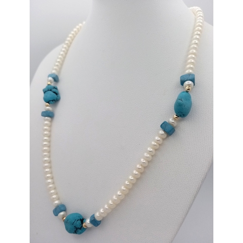 496 - A 14K Gold and Freshwater Pearl Beaded Necklace. 4/5mm rondelles. Turquoise accents. 42cm. 15.7g. MT... 