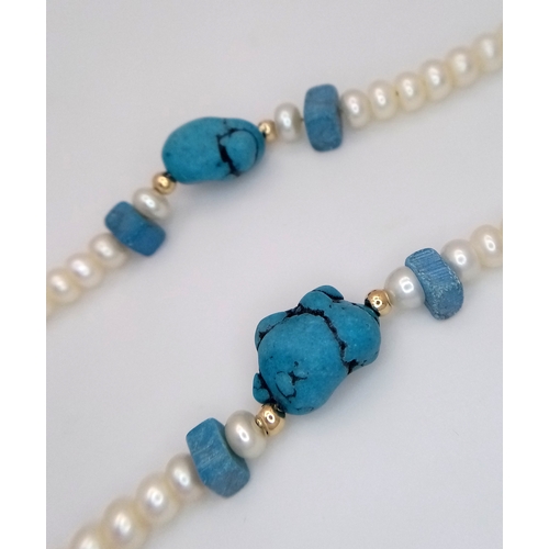 496 - A 14K Gold and Freshwater Pearl Beaded Necklace. 4/5mm rondelles. Turquoise accents. 42cm. 15.7g. MT... 