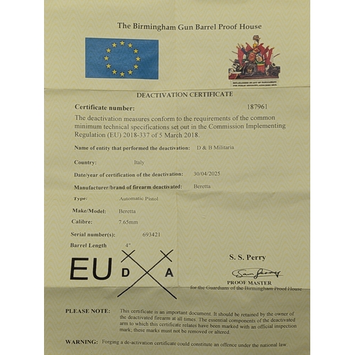 15 - A Deactivated Italian Beretta Pistol with Detachable Silencer. 7.65mm calibre. 4 inch barrel length.... 