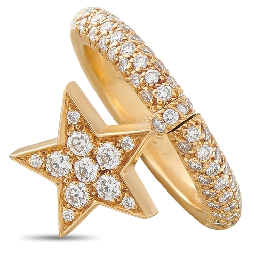 A Chanel 18K Yellow Gold Diamond Ring with a diamond cluster hanging star charm.  3mm wide band and a 3mm top height. Good condition and includes a gift box. Ring size: 4.5 (UK size H½). Total weight: 6.2 grams. *This item is held at Cadmore USA Office in Pennsylvania, USA and will be shipped from there. Buyers will be responsible for direct shipping payments.*