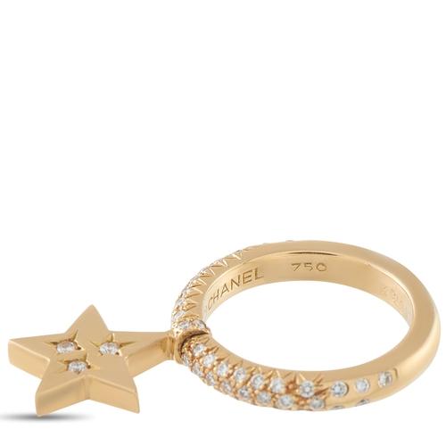 20 - A Chanel 18K Yellow Gold Diamond Ring with a diamond cluster hanging star charm.  3mm wide band and ... 