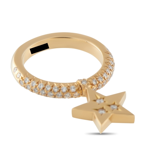 20 - A Chanel 18K Yellow Gold Diamond Ring with a diamond cluster hanging star charm.  3mm wide band and ... 