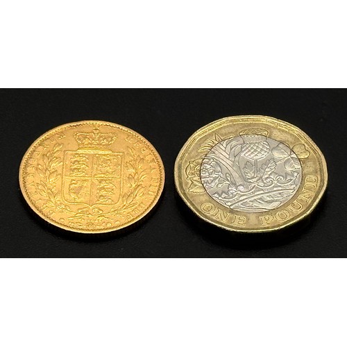 19 - AN 1864, QUEEN VICTORIA, YOUNG HEAD, SHIELD BACK, DIE NUMBER 48, FULL SOVEREIGN COIN. 22K GOLD. C 60... 