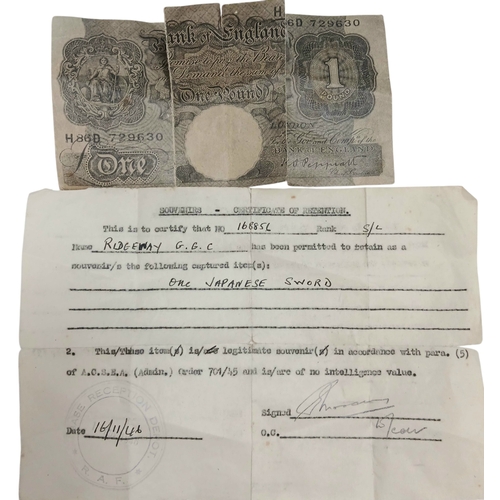 15 - WW2 Japanese Officers Katana Sword. Complete with knot and leather scabbard cover. Brought back from... 