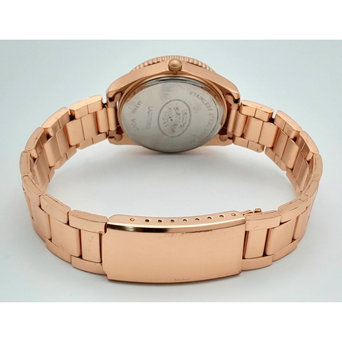 1001 - A LAURA ASHLEY, ROSE GOLD TONE, LILAC DIAL, BRACELET WATCH. IN FULL WORKING ORDER, AS NEW, IN ORIGIN... 