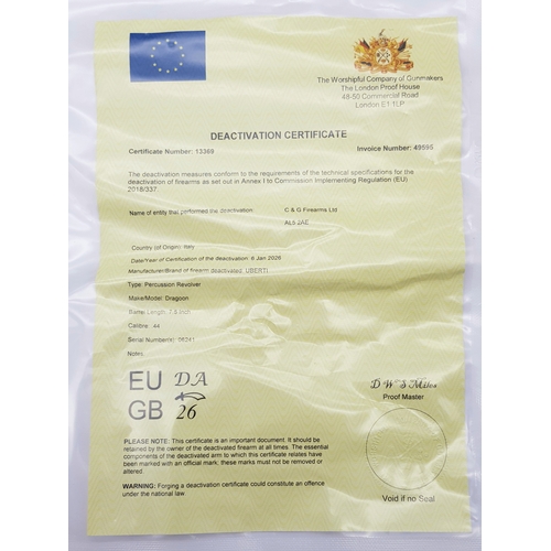 200 - A Deactivated Italian Uberti Replica 1848 Dragoon Black Powder Revolver. Calibre - .44. Barrel lengt... 