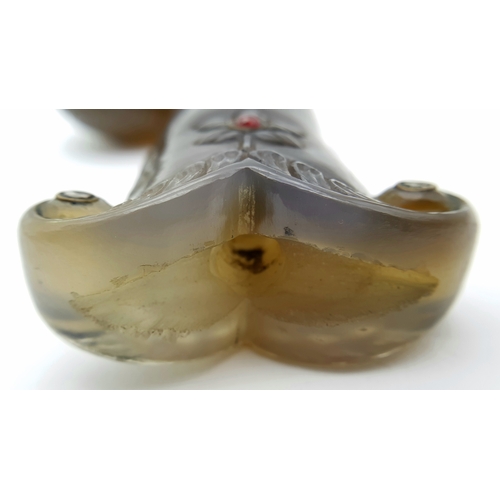 65 - An Antique Indian Mughal Agate Large Dagger Handle. Hand carved floral decoration with ruby and diam... 