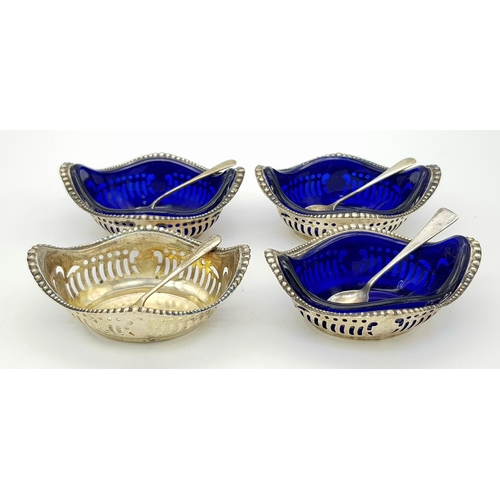 340 - Four Antique 800 Silver Condiment Bowls with Silver Spoons and Three Blue Glass Liners. Comes in ori... 