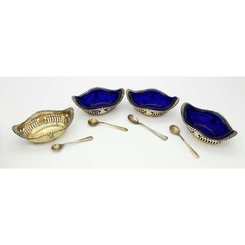 340 - Four Antique 800 Silver Condiment Bowls with Silver Spoons and Three Blue Glass Liners. Comes in ori... 