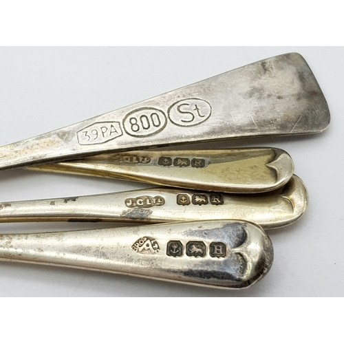 340 - Four Antique 800 Silver Condiment Bowls with Silver Spoons and Three Blue Glass Liners. Comes in ori... 