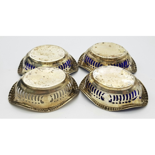 340 - Four Antique 800 Silver Condiment Bowls with Silver Spoons and Three Blue Glass Liners. Comes in ori... 