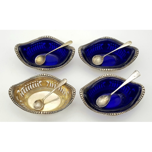 340 - Four Antique 800 Silver Condiment Bowls with Silver Spoons and Three Blue Glass Liners. Comes in ori... 