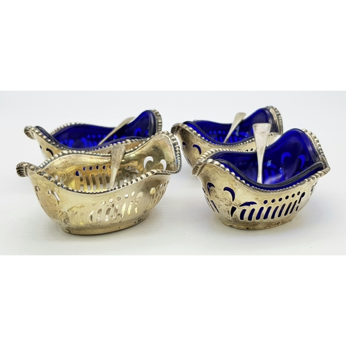 340 - Four Antique 800 Silver Condiment Bowls with Silver Spoons and Three Blue Glass Liners. Comes in ori... 