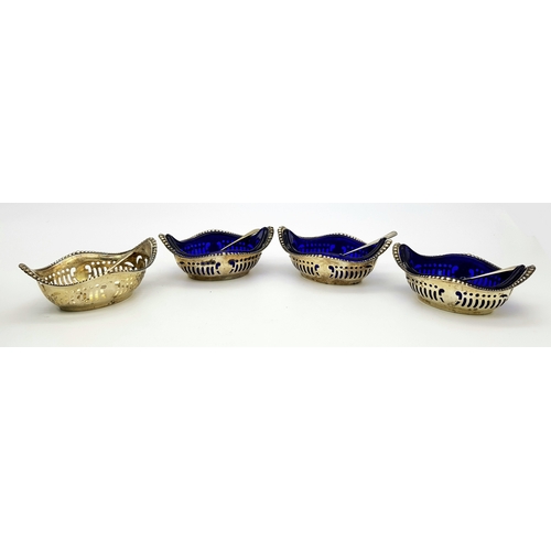 340 - Four Antique 800 Silver Condiment Bowls with Silver Spoons and Three Blue Glass Liners. Comes in ori... 