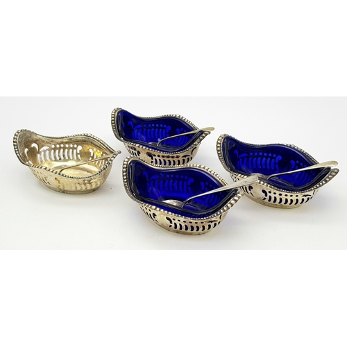 340 - Four Antique 800 Silver Condiment Bowls with Silver Spoons and Three Blue Glass Liners. Comes in ori... 