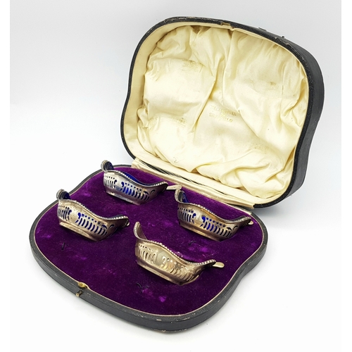 340 - Four Antique 800 Silver Condiment Bowls with Silver Spoons and Three Blue Glass Liners. Comes in ori... 