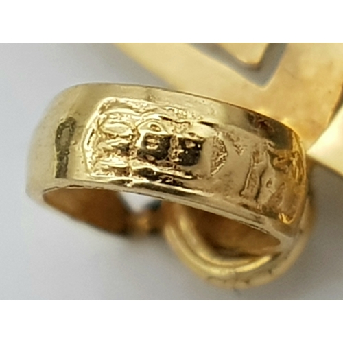 207 - An Antique Chinese Gold and Jade Double Dragon Gem-set Pendant. Greek key decorative border. Stones ... 