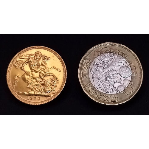 1 - A 1976 Queen Elizabeth II Full Sovereign Coin. 22k Gold. Excellent definition.