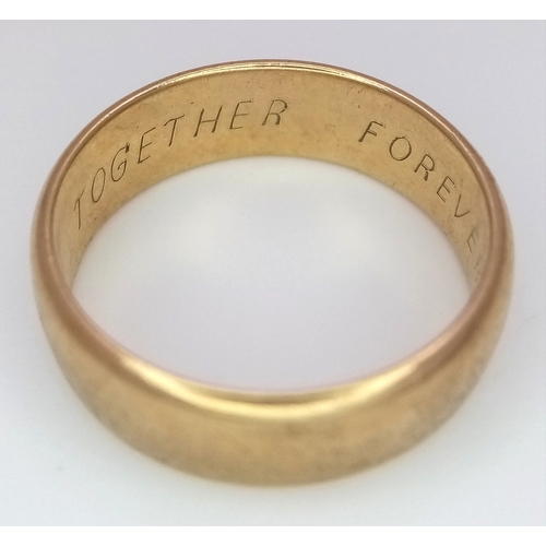 6 - A 9K Yellow Gold Band Ring. 7mm width. UK hallmarks. Size R. 5.3g.