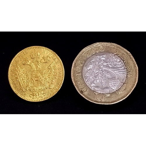 891 - A 1915 Austrian Restrike 1 Ducat Gold Coin. 3.49g of .986 Fine Gold (23.75K).