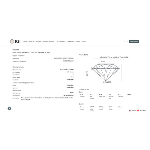 359 - A 4.0ct Round Brilliant Cut Lab-Grown Diamond. Colour E, clarity VS2. IGI certified. Cert no: LG7545... 