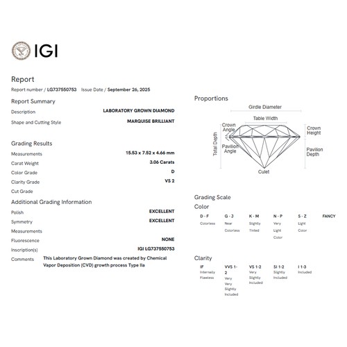 103 - A 3.06ct Marquise Cut Lab-Grown Diamond. Colour D, clarity VS2. IGI certified. Cert no: LG737550753.... 